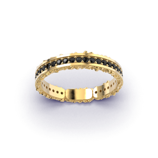 Men's ring, solid gold band ring with black diamonds and textured sides, made in Italy.