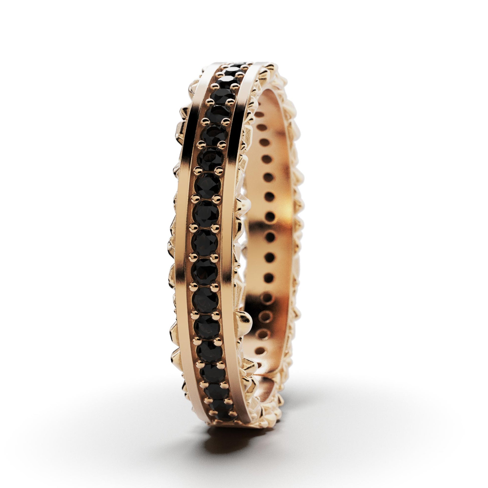 Men's ring, solid gold band ring with black diamonds and textured sides, made in Italy.