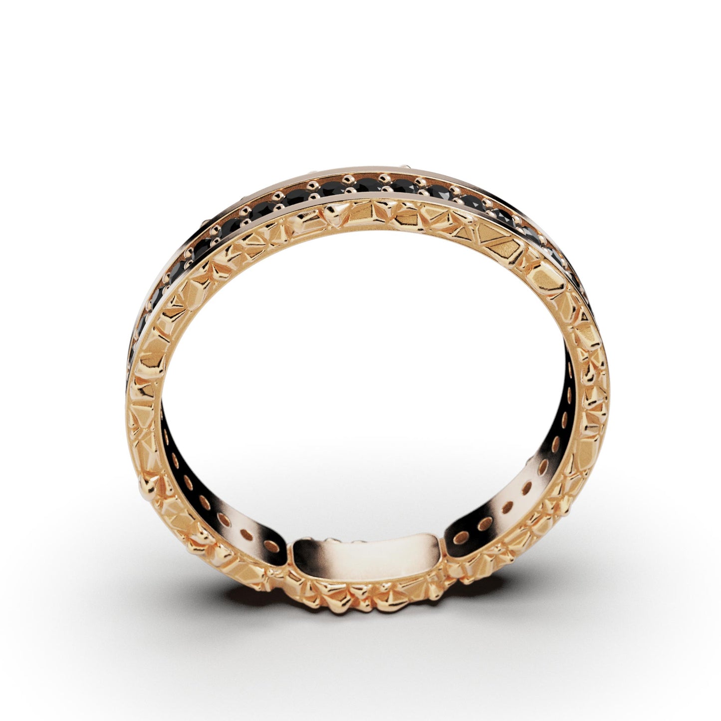 Men's ring, solid gold band ring with black diamonds and textured sides, made in Italy.