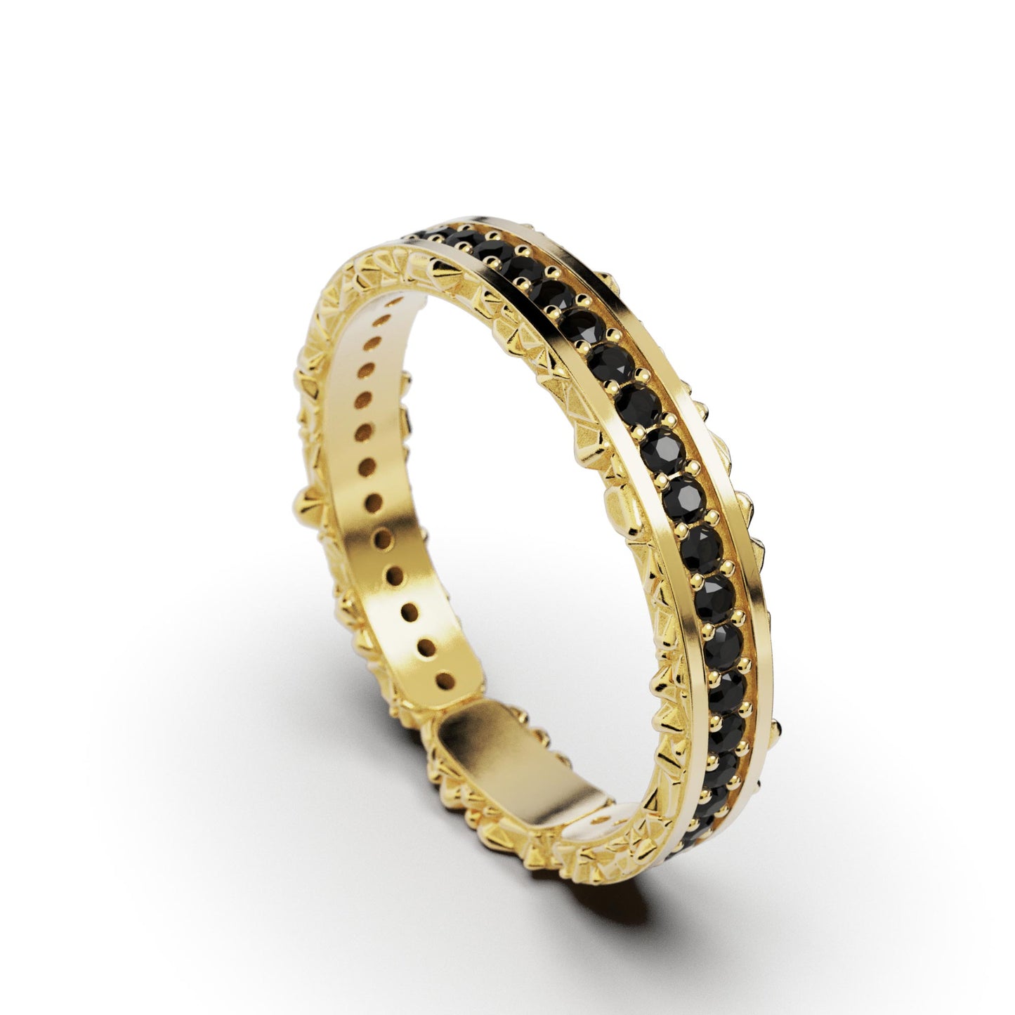 Men's ring, solid gold band ring with black diamonds and textured sides, made in Italy.