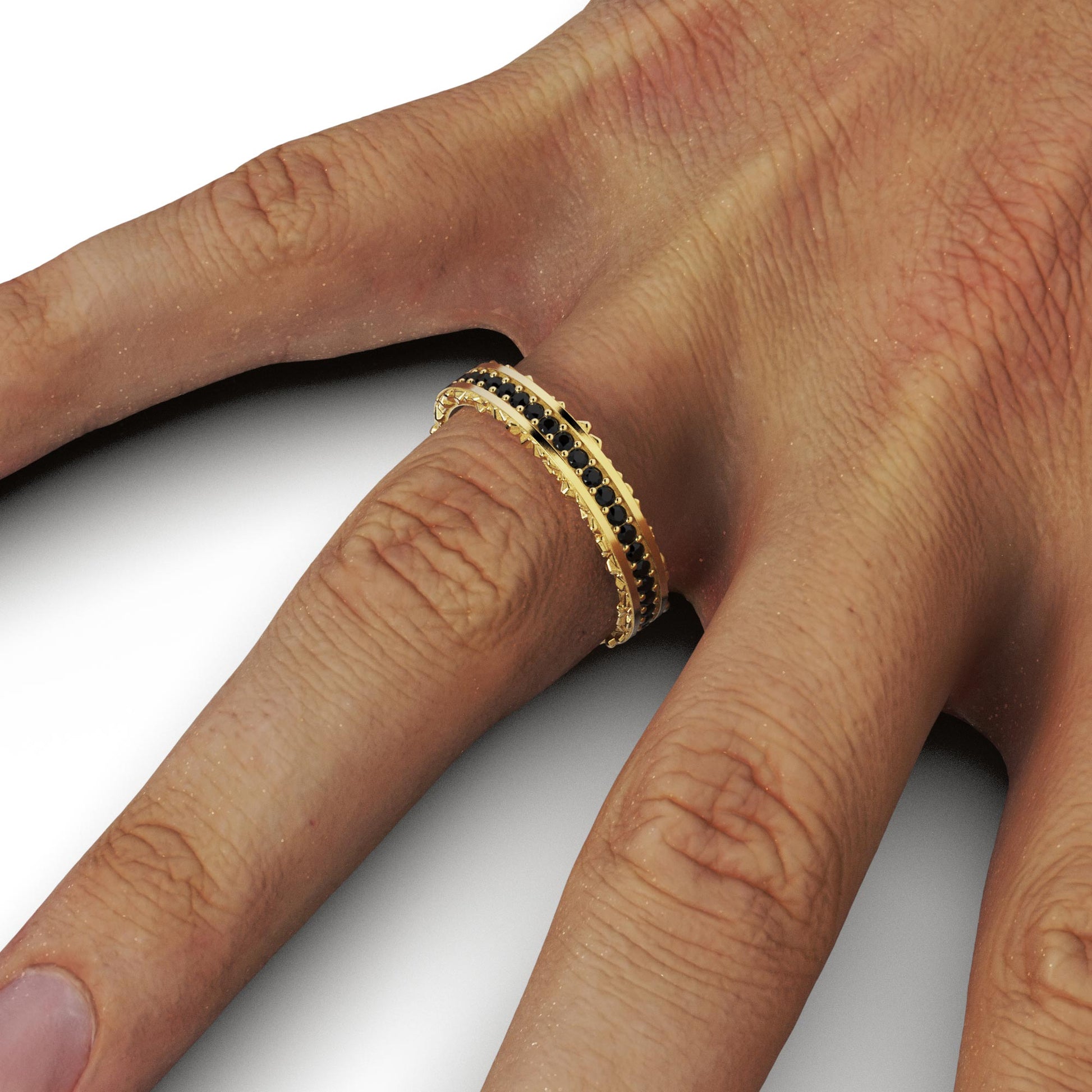 Men's ring, solid gold band ring with black diamonds and textured sides, made in Italy.