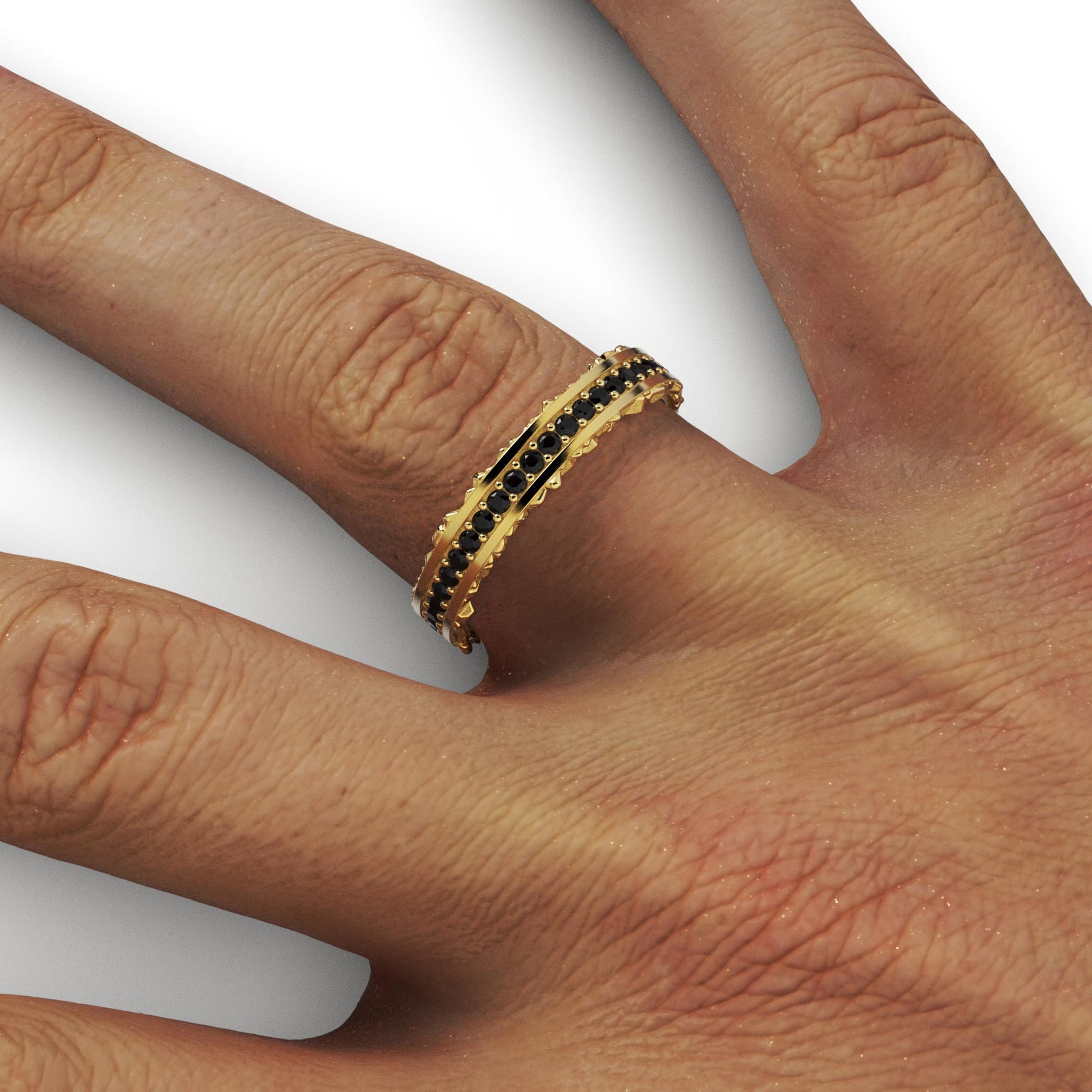 Men's ring, solid gold band ring with black diamonds and textured sides, made in Italy.