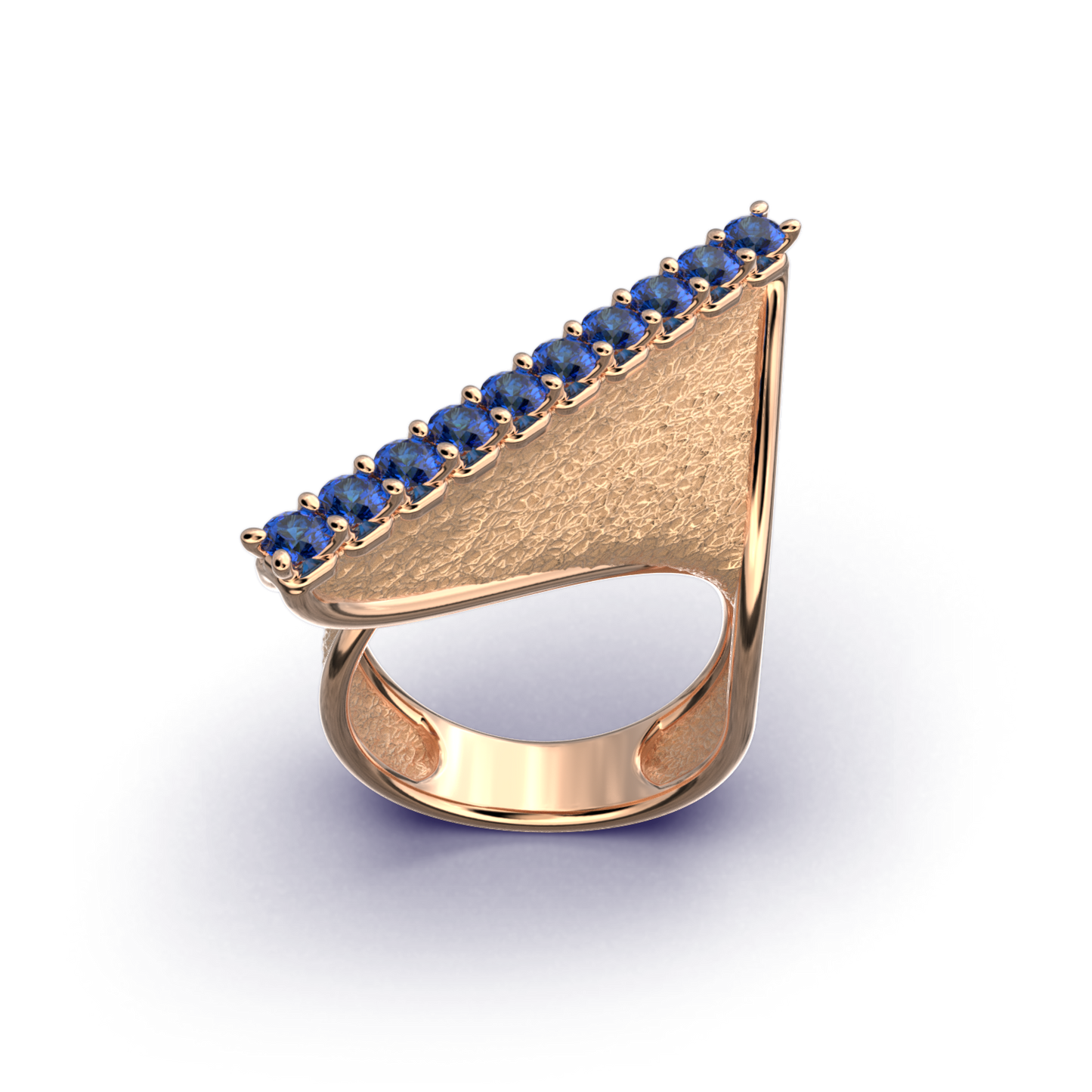 A handcrafted 18k gold ring featuring a modern twisted design with 10 round blue sapphires set along the top ridge. Polished edges with an earth-textured surface.