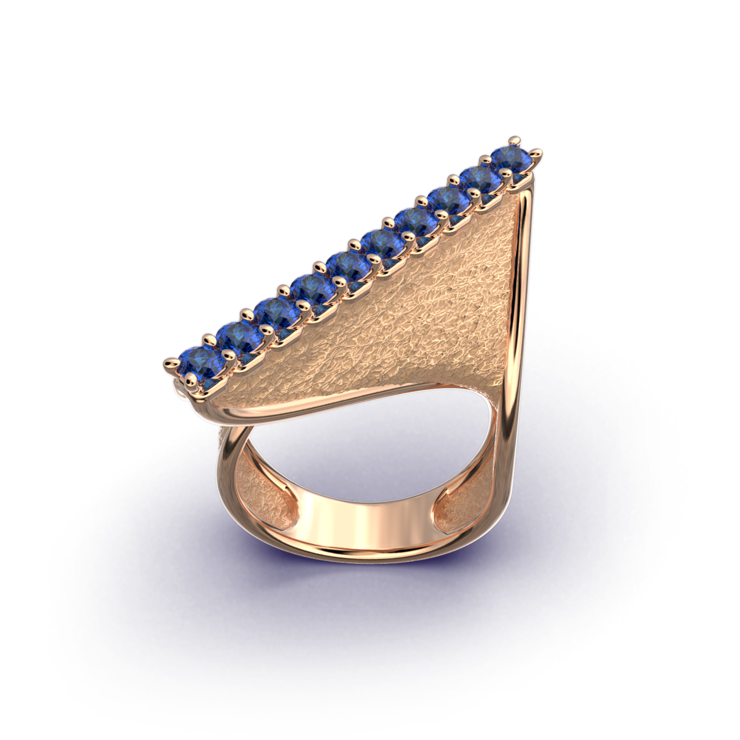 A handcrafted 18k gold ring featuring a modern twisted design with 10 round blue sapphires set along the top ridge. Polished edges with an earth-textured surface.