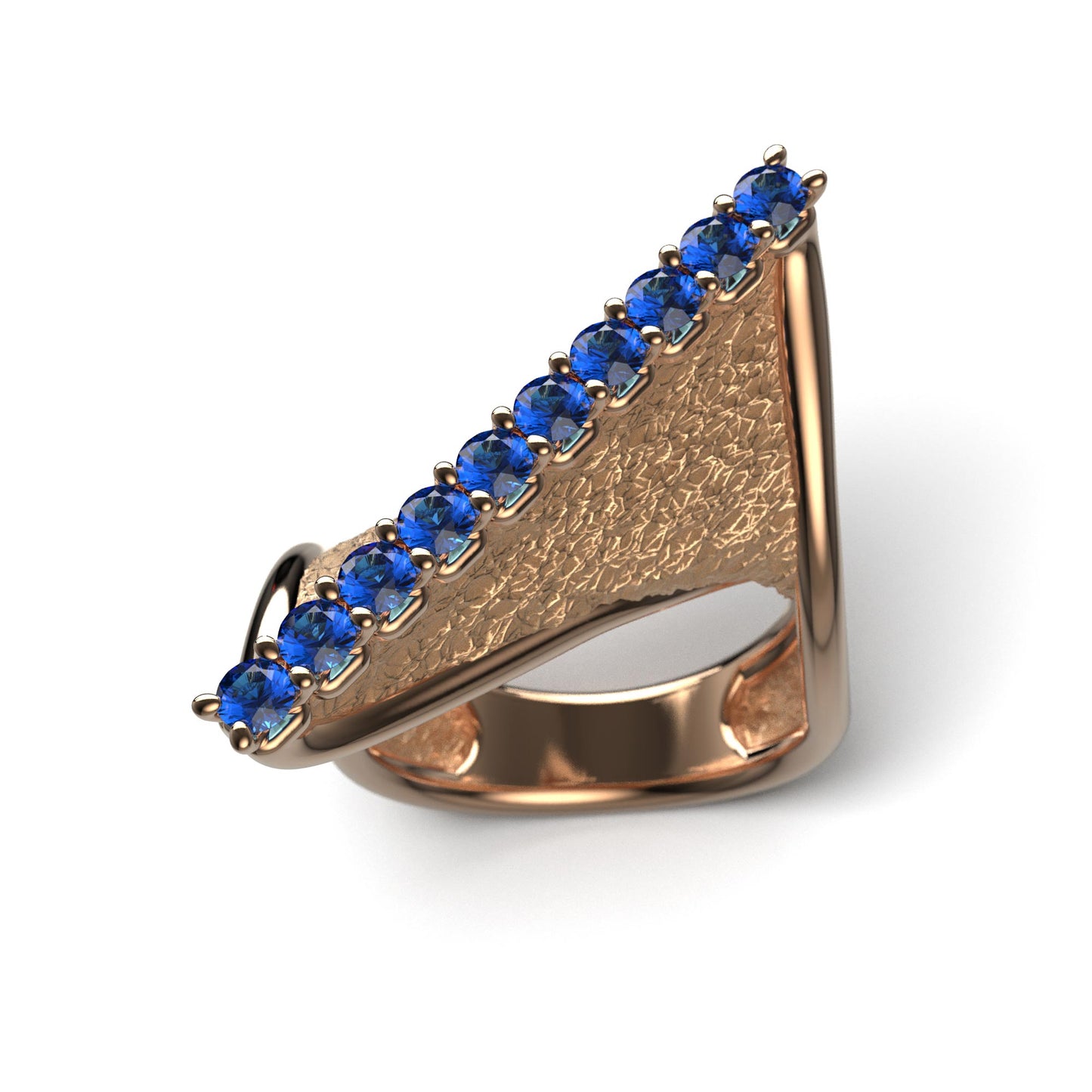 A handcrafted 18k gold ring featuring a modern twisted design with 10 round blue sapphires set along the top ridge. Polished edges with an earth-textured surface.