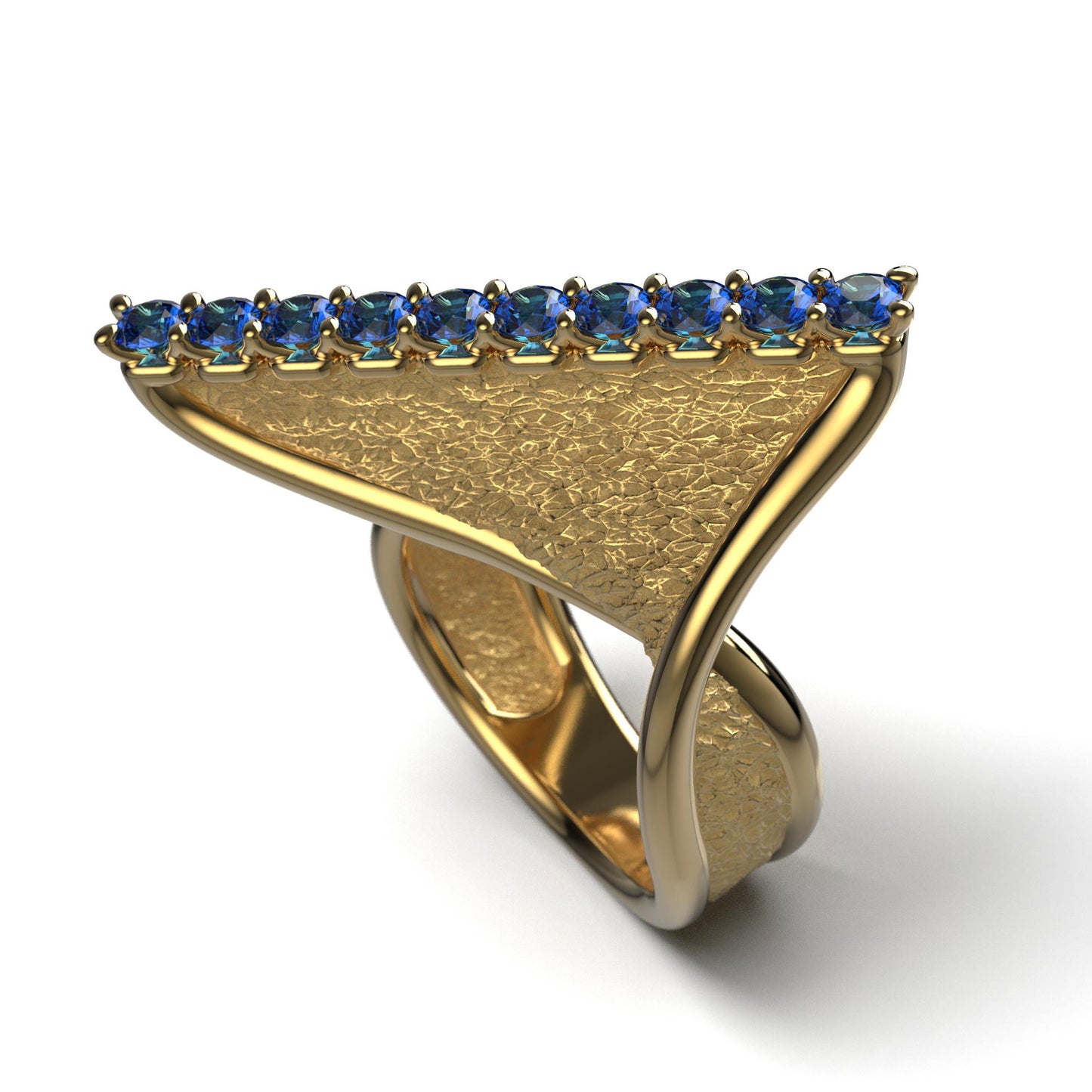 A handcrafted 18k gold ring featuring a modern twisted design with 10 round blue sapphires set along the top ridge. Polished edges with an earth-textured surface.