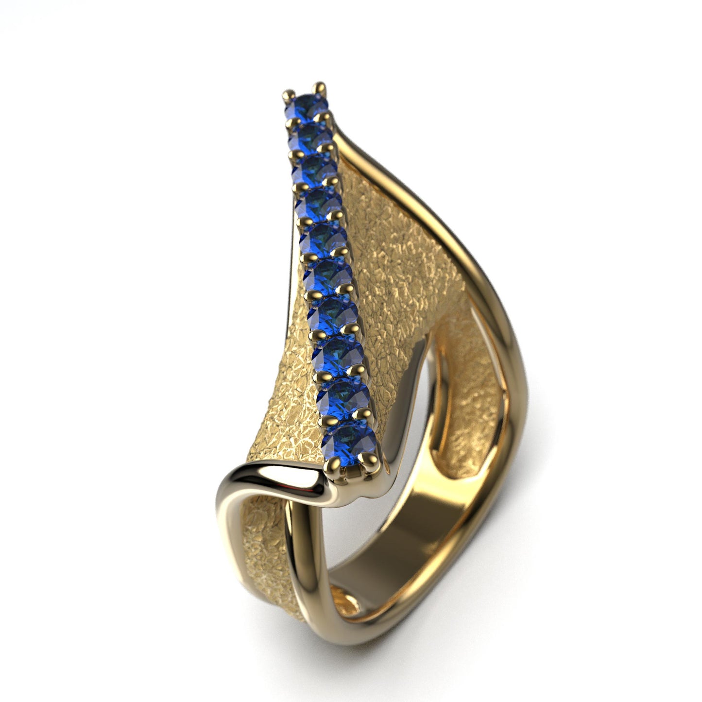 A handcrafted 18k gold ring featuring a modern twisted design with 10 round blue sapphires set along the top ridge. Polished edges with an earth-textured surface.