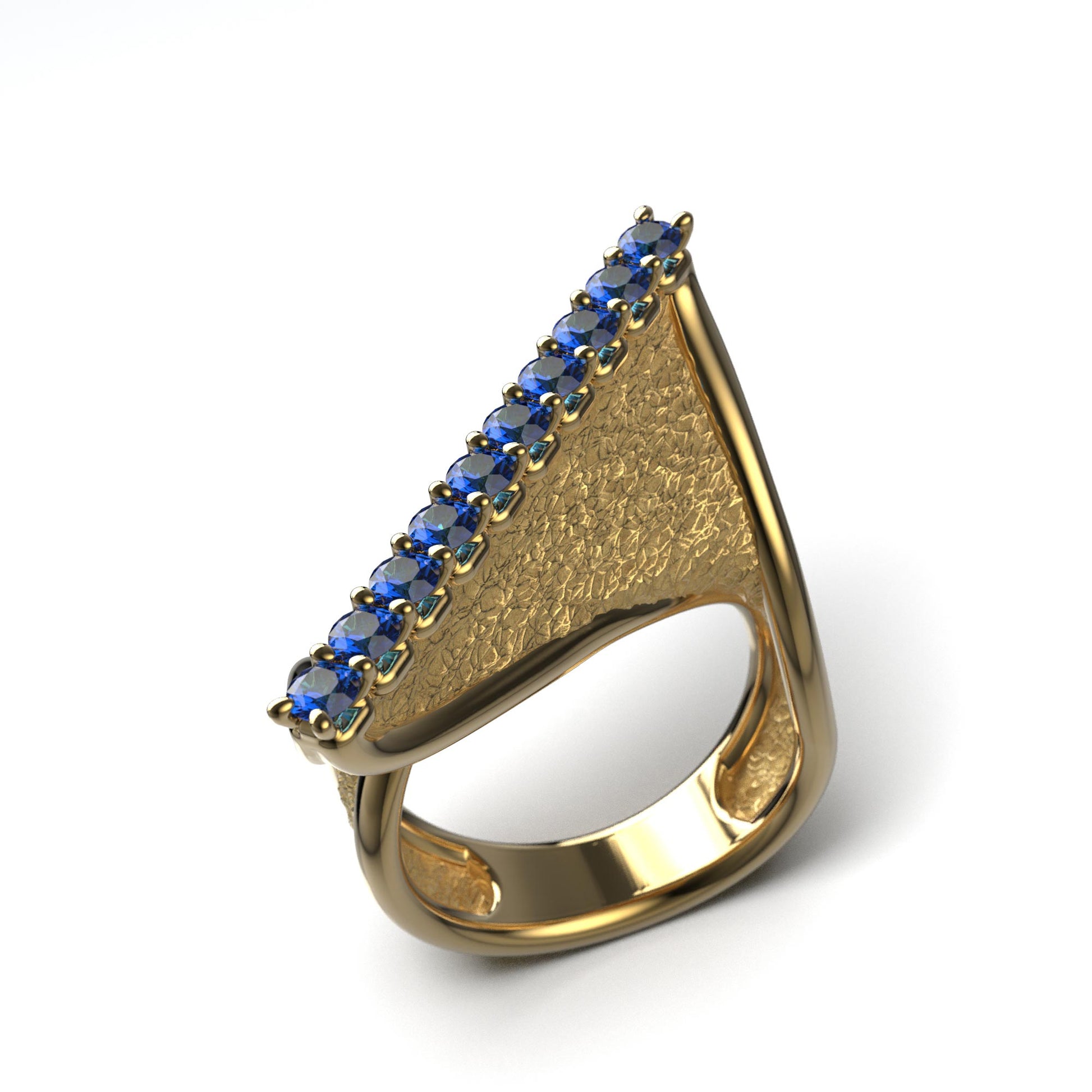 A handcrafted 18k gold ring featuring a modern twisted design with 10 round blue sapphires set along the top ridge. Polished edges with an earth-textured surface.