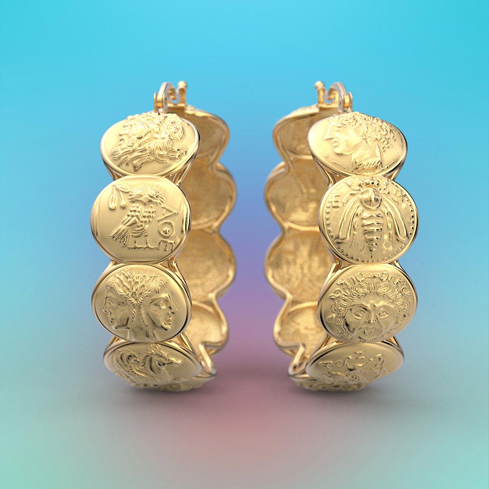 Ancient Greek Coin Style Hoop Earrings - Oltremare Gioielli