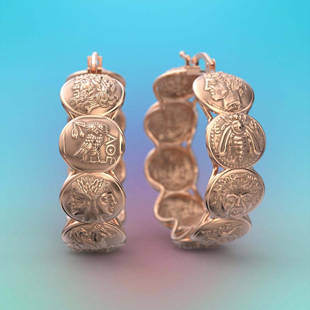 Ancient Greek Coin Style Hoop Earrings - Oltremare Gioielli