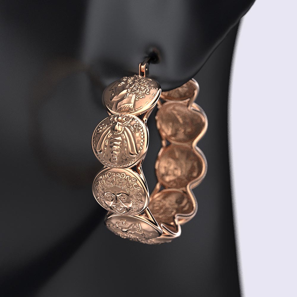 Ancient Greek Coin Style Hoop Earrings - Oltremare Gioielli