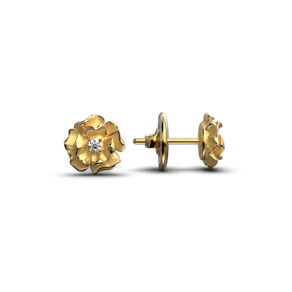 Rose shaped diamond gold stud earrings