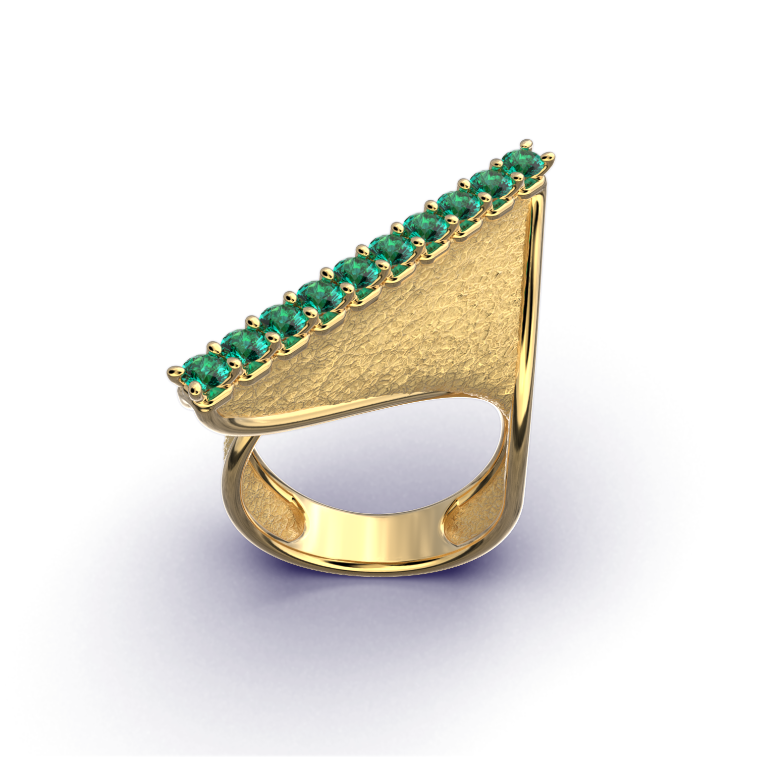 A modern twisted gold ring featuring 10 round natural emeralds set along the top ridge, with polished edges and an earth-textured surface.