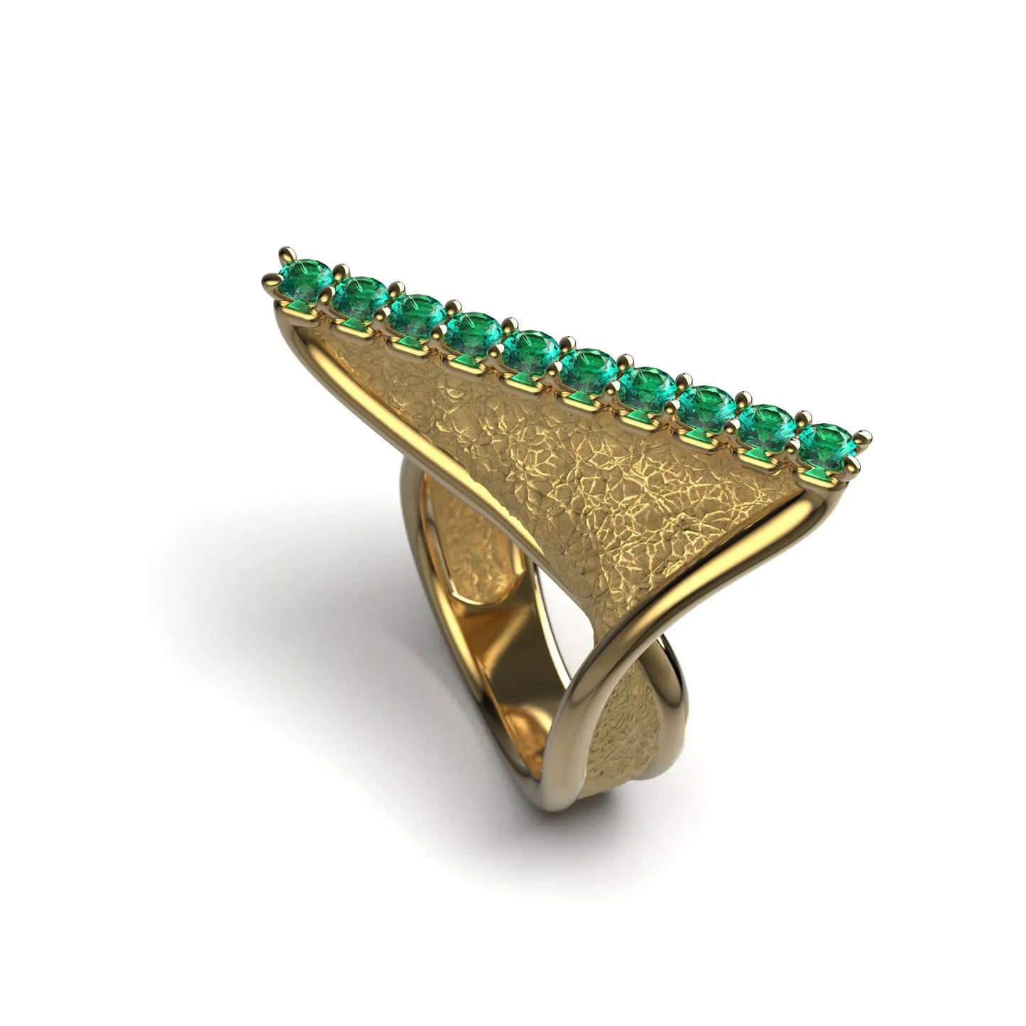 A modern twisted gold ring featuring 10 round natural emeralds set along the top ridge, with polished edges and an earth-textured surface.