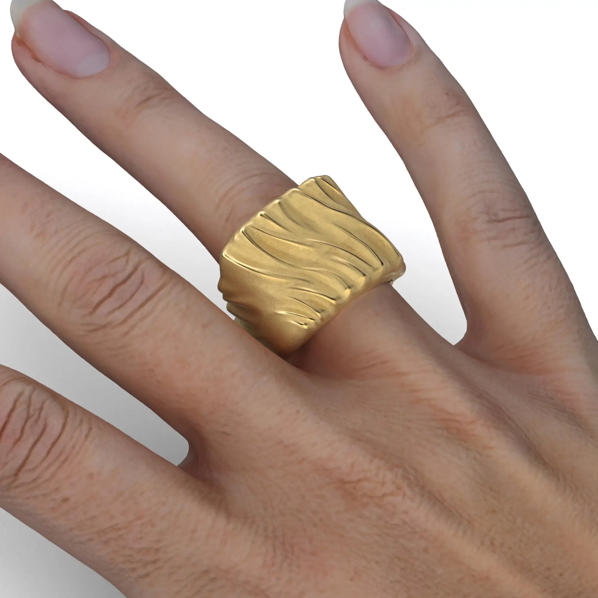 Chunky Gold Ring, crafted in 14k or 18k solid yellow, rose, or white gold, showcasing a blend of raw and polished finishes with a wide band design