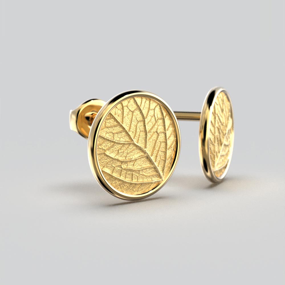 Round Gold Stud Earrings with Leaf Texture - Oltremare Gioielli