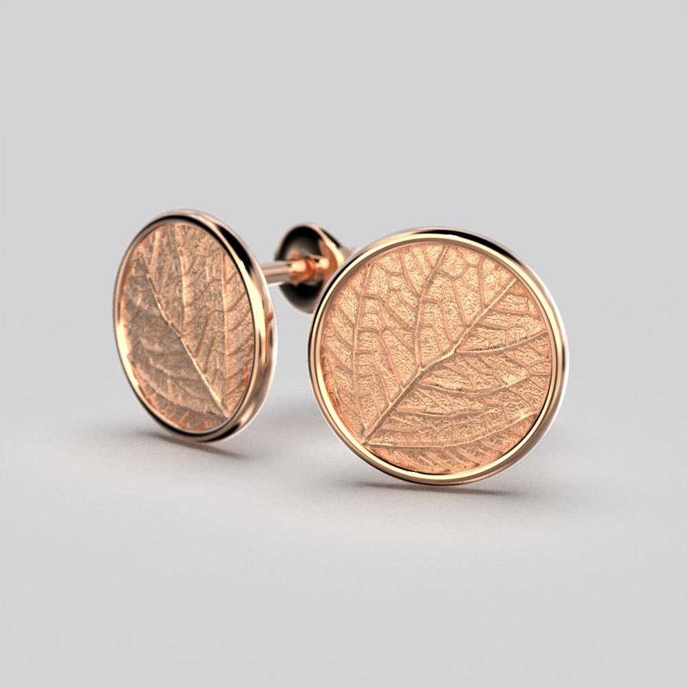 Round Gold Stud Earrings with Leaf Texture - Oltremare Gioielli