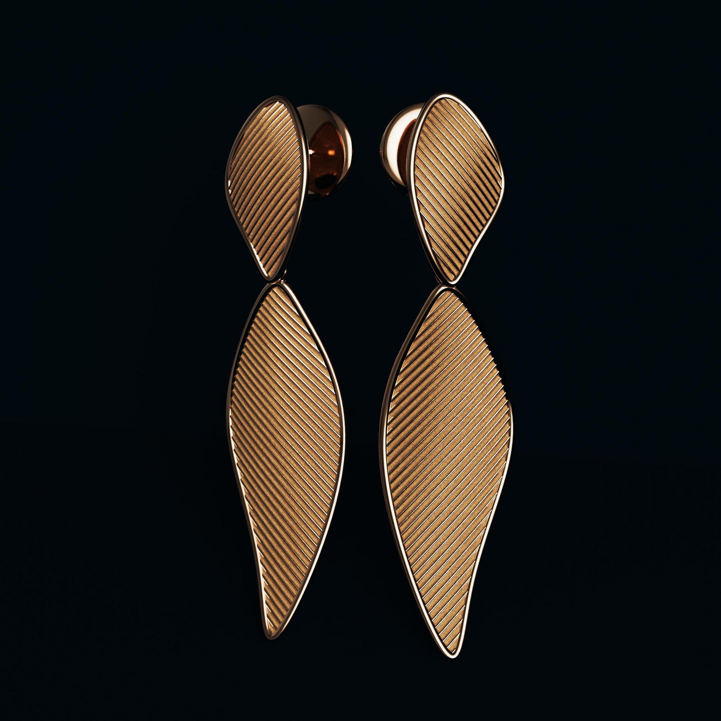 Modern dangle drop earrings in 14k or 18k gold, featuring a ribbed texture and polished edges. Shown in yellow, rose, and white gold variations, measuring 57 mm in length and 19 mm in width.