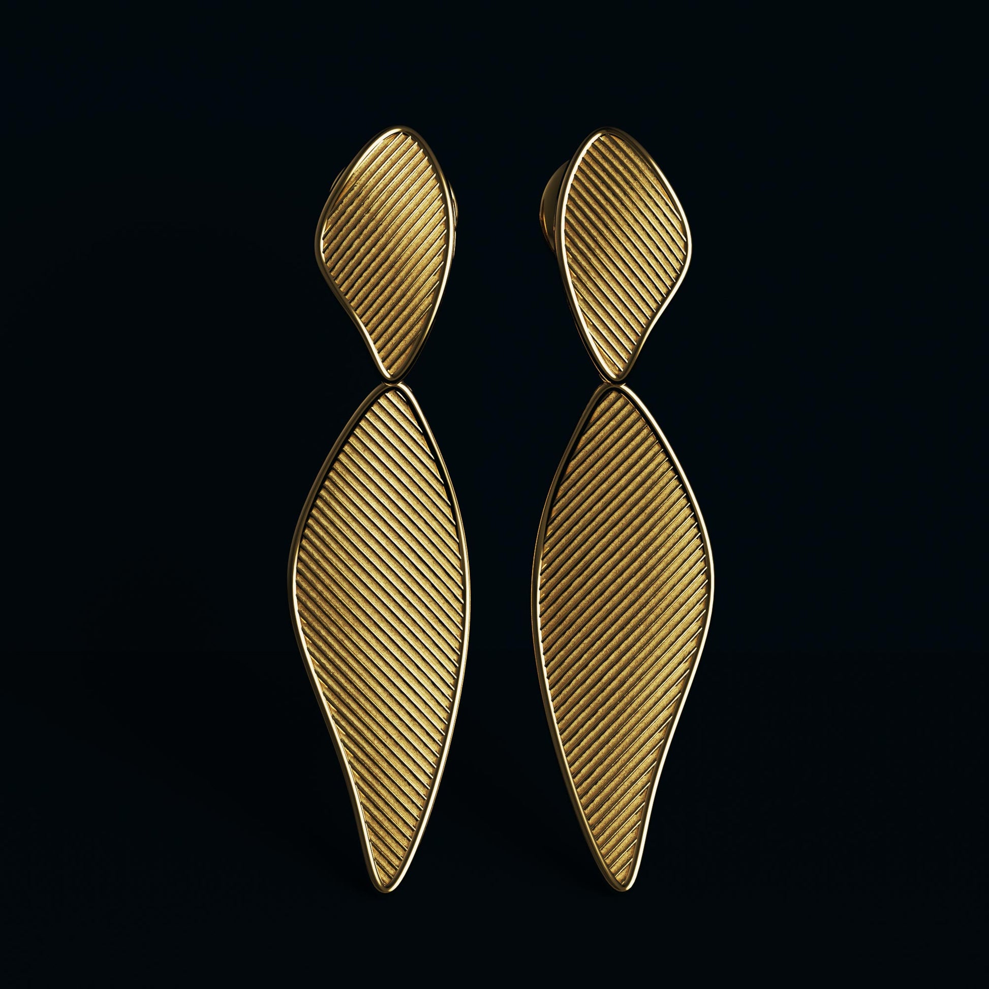 Modern dangle drop earrings in 14k or 18k gold, featuring a ribbed texture and polished edges. Shown in yellow, rose, and white gold variations, measuring 57 mm in length and 19 mm in width.