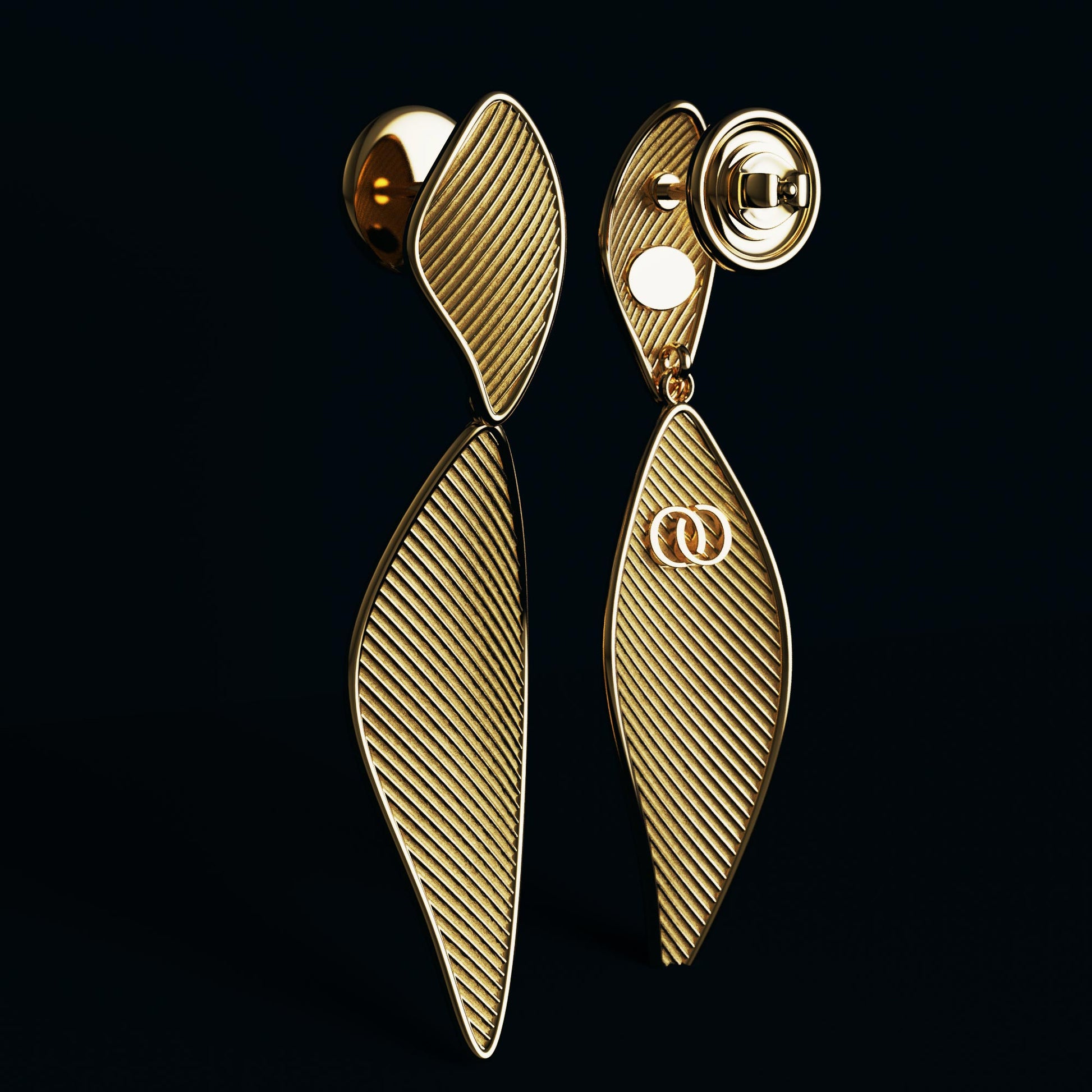 Modern dangle drop earrings in 14k or 18k gold, featuring a ribbed texture and polished edges. Shown in yellow, rose, and white gold variations, measuring 57 mm in length and 19 mm in width.