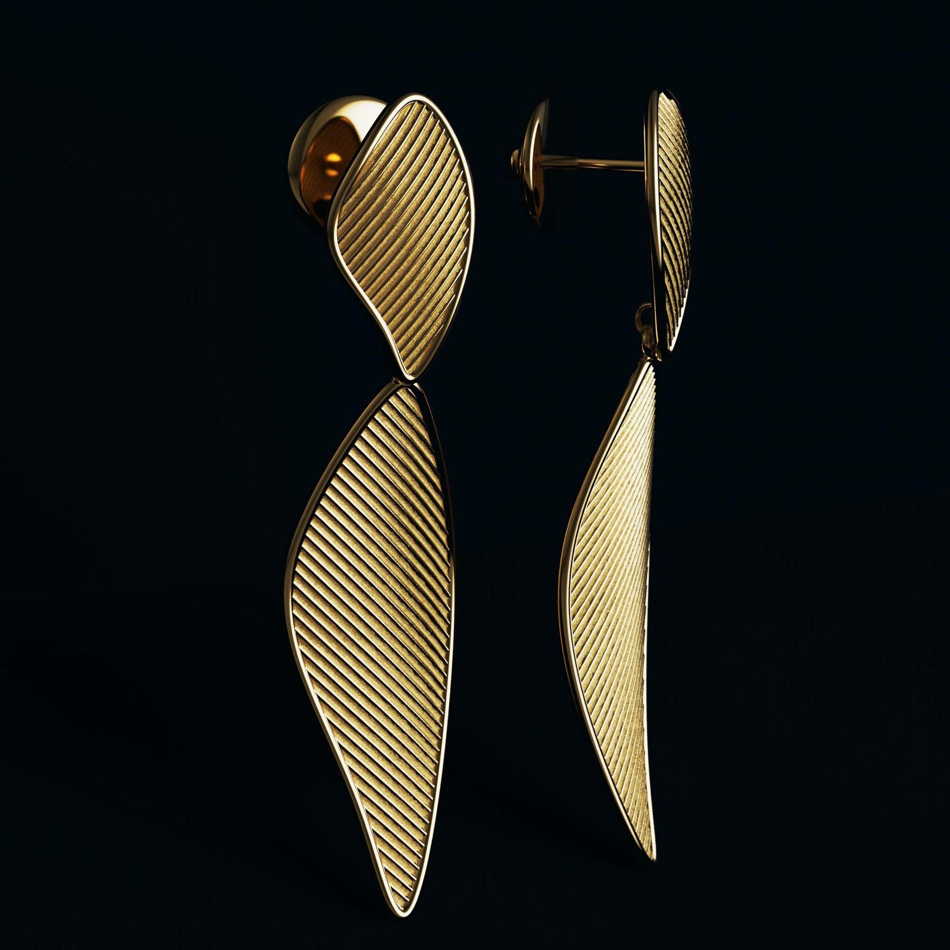 Modern dangle drop earrings in 14k or 18k gold, featuring a ribbed texture and polished edges. Shown in yellow, rose, and white gold variations, measuring 57 mm in length and 19 mm in width.