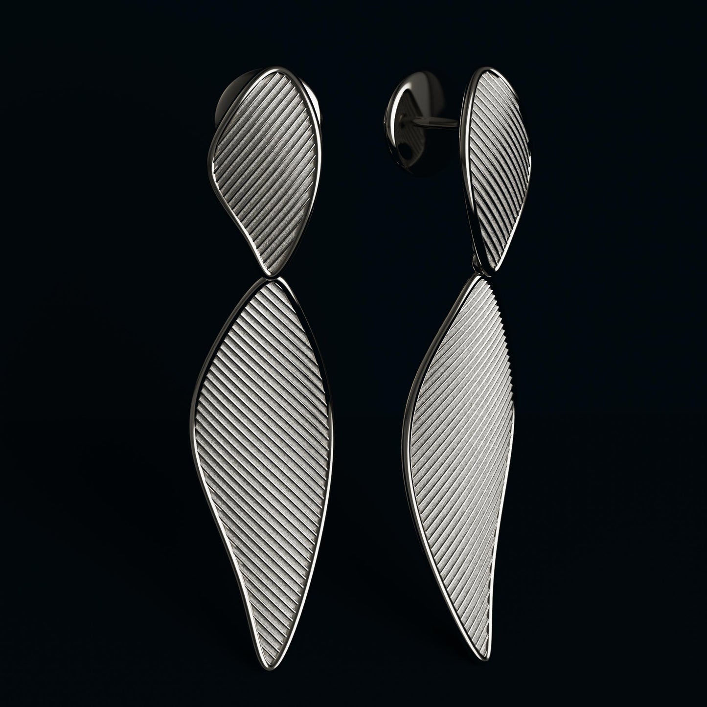 Modern dangle drop earrings in 14k or 18k gold, featuring a ribbed texture and polished edges. Shown in yellow, rose, and white gold variations, measuring 57 mm in length and 19 mm in width.