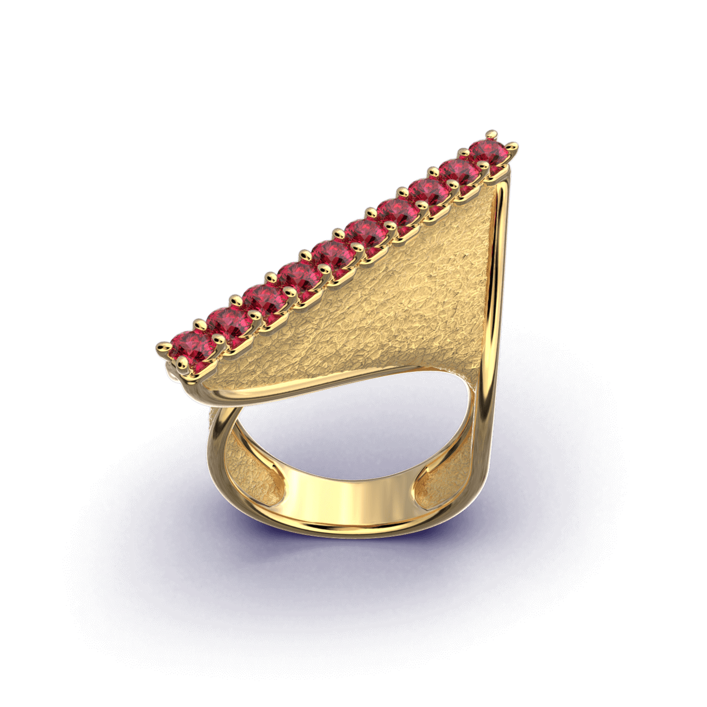 
A modern twisted gold ring with polished edges and an earth-textured surface, featuring 10 round natural rubies set along the top ridge.