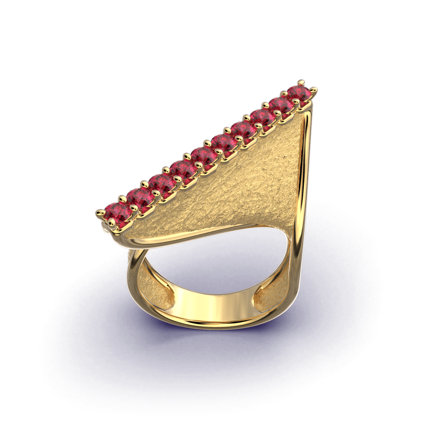 
A modern twisted gold ring with polished edges and an earth-textured surface, featuring 10 round natural rubies set along the top ridge.