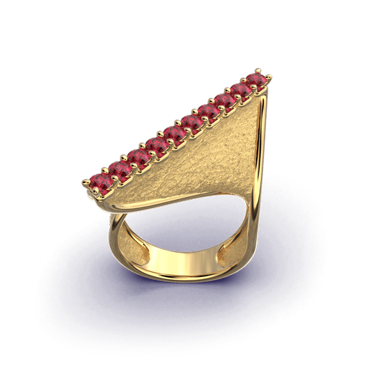 
A modern twisted gold ring with polished edges and an earth-textured surface, featuring 10 round natural rubies set along the top ridge.