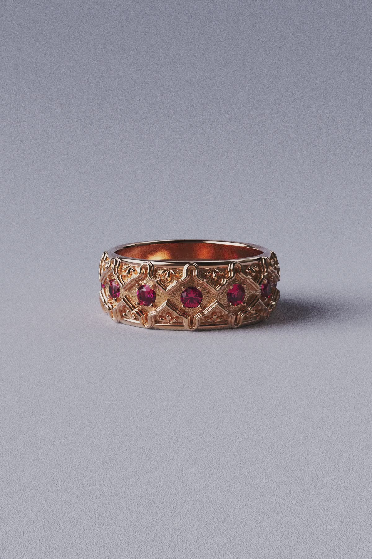 Solid gold wedding band with natural rubies, handcrafted in Italy, featuring a Venetian-style design