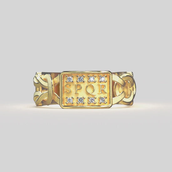 Gold men's ring inspired by Ancient Rome, featuring SPQR inscription, Hercules knots, Roman eagle, lion carvings, and diamonds, crafted in Italy.