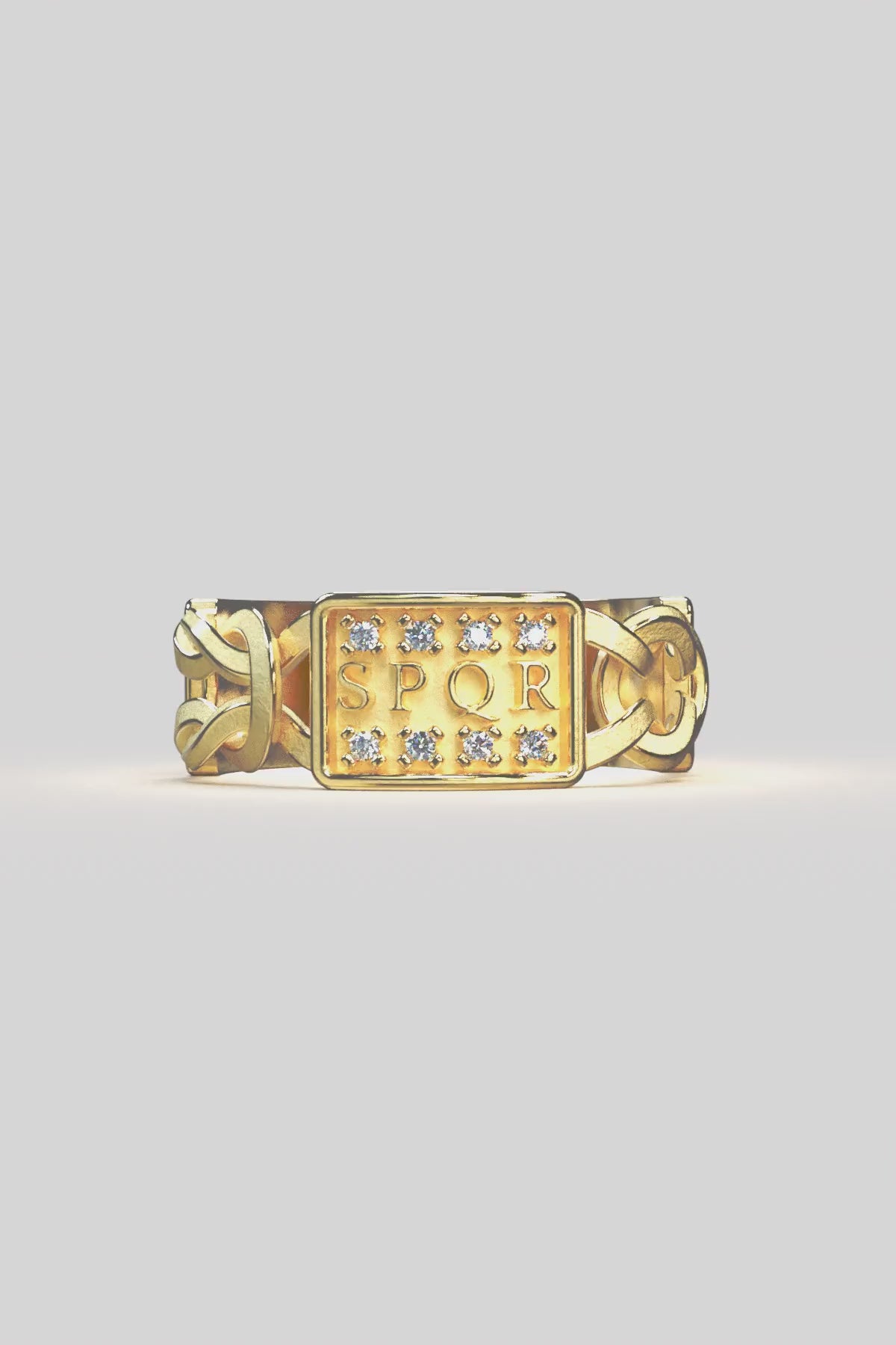 Gold men's ring inspired by Ancient Rome, featuring SPQR inscription, Hercules knots, Roman eagle, lion carvings, and diamonds, crafted in Italy.