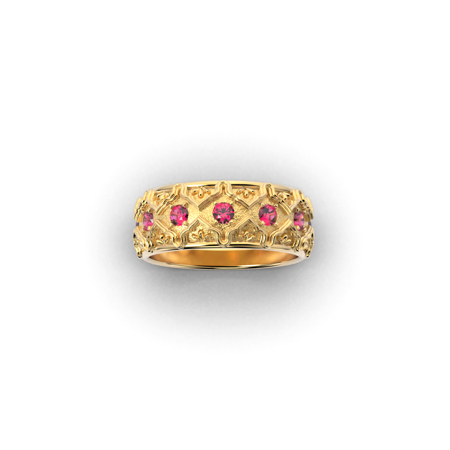 Solid gold wedding band with natural rubies, handcrafted in Italy, featuring a Venetian-style design