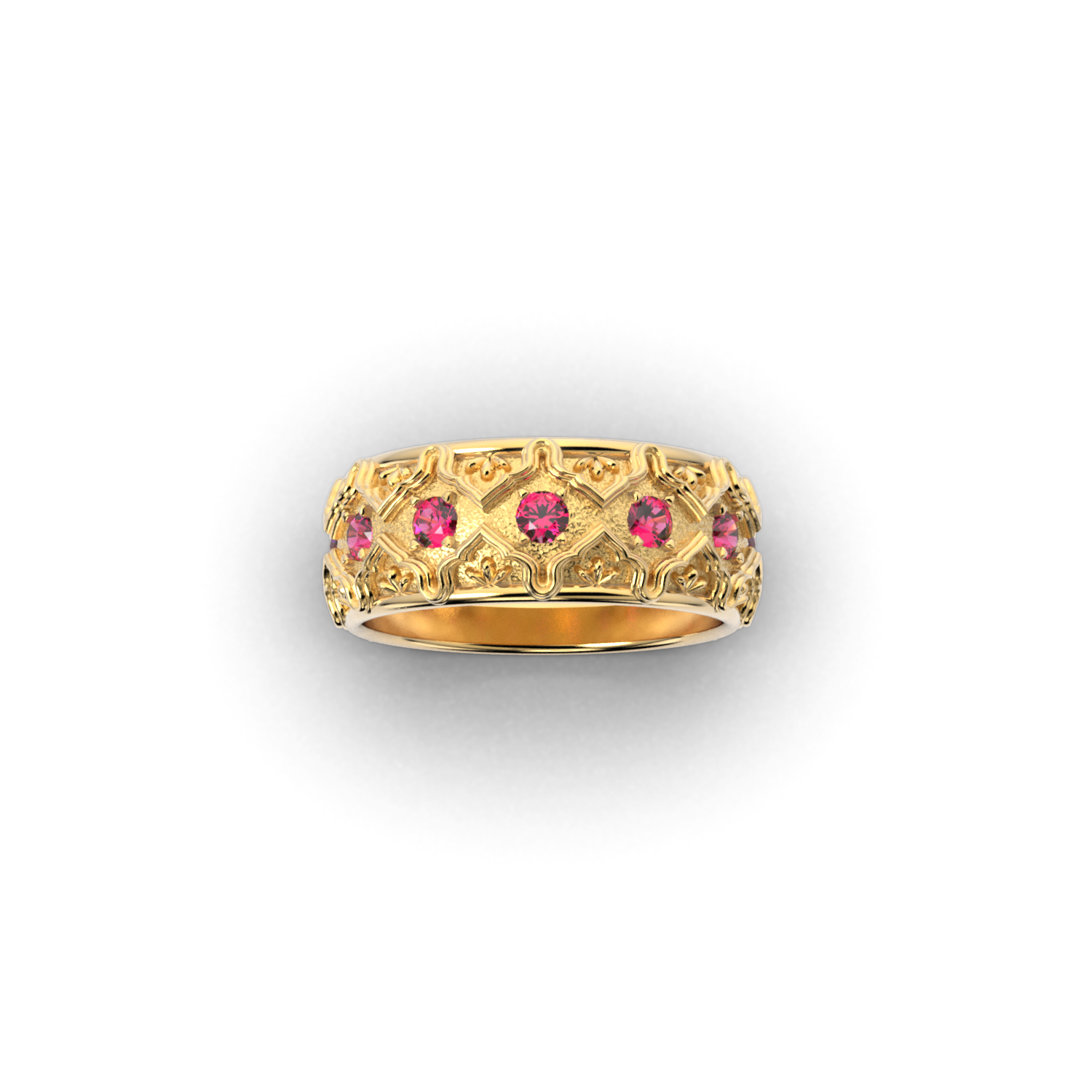 Solid gold wedding band with natural rubies, handcrafted in Italy, featuring a Venetian-style design