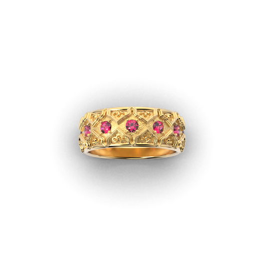 Solid gold wedding band with natural rubies, handcrafted in Italy, featuring a Venetian-style design