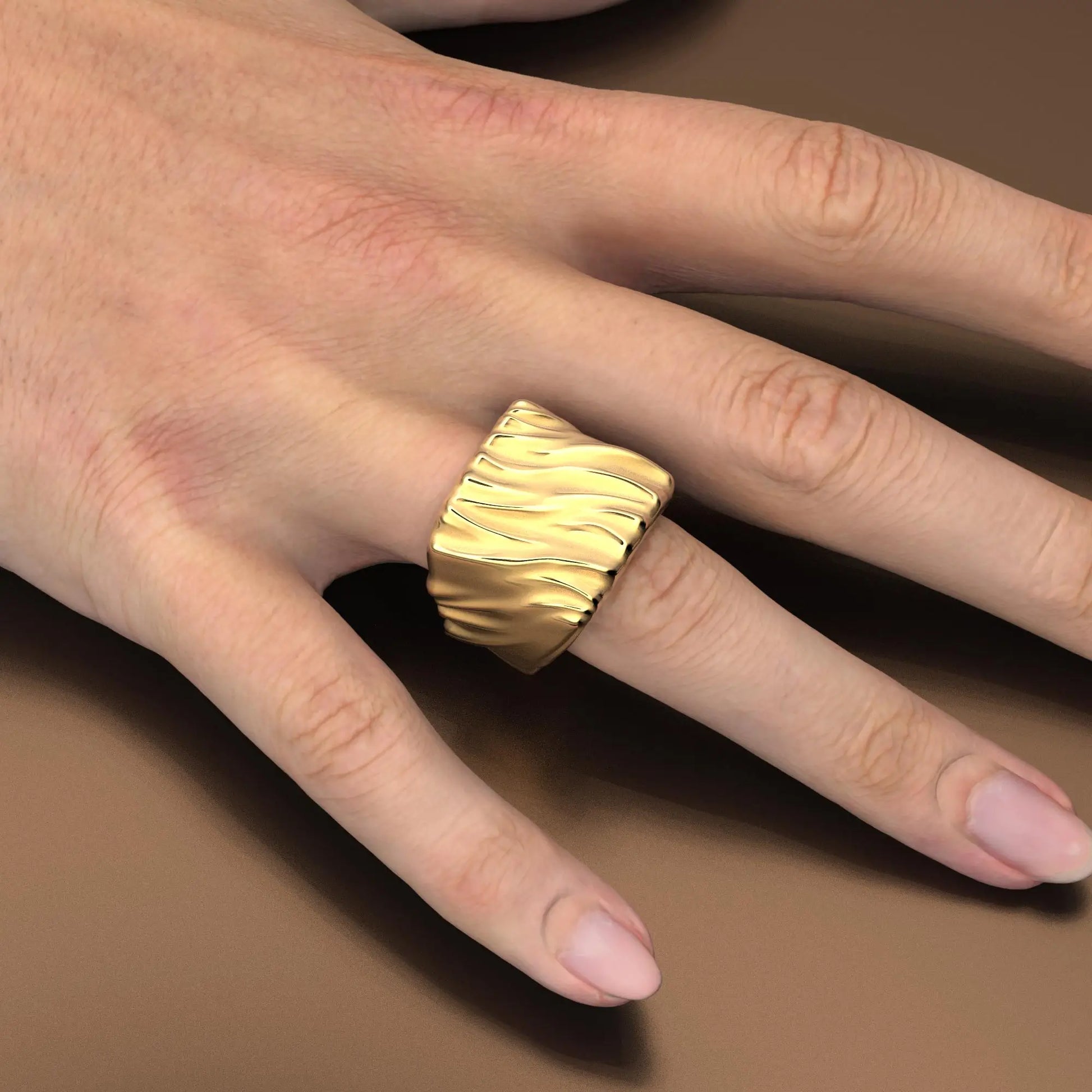 Chunky Gold Ring, crafted in 14k or 18k solid yellow, rose, or white gold, showcasing a blend of raw and polished finishes with a wide band design