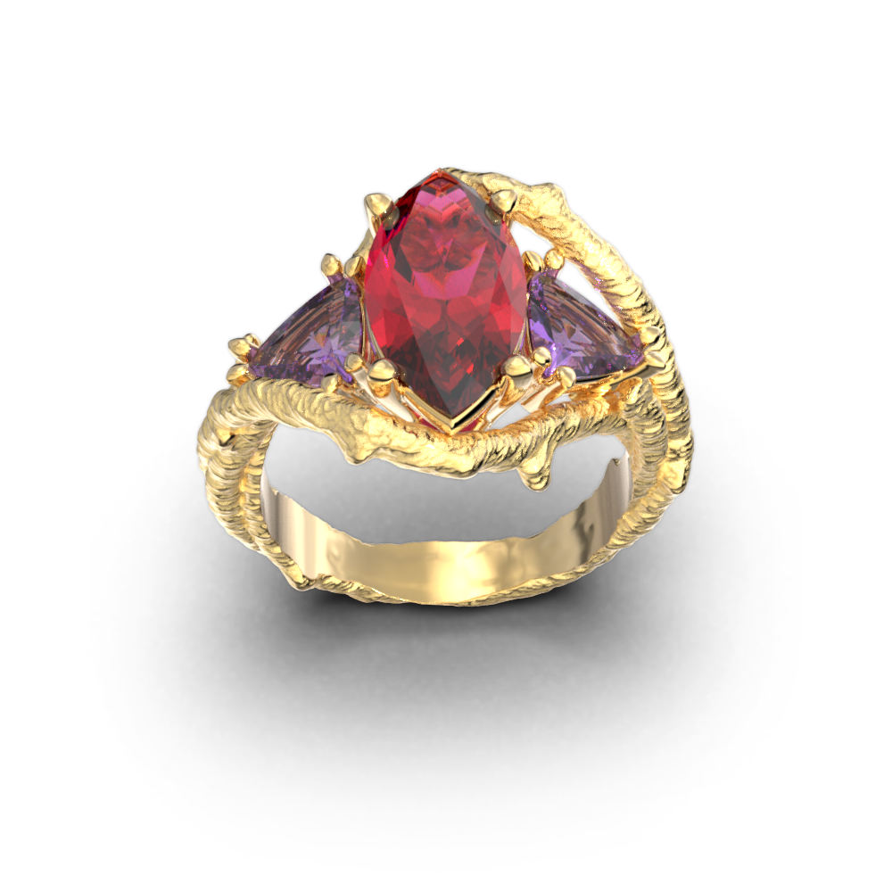 Italian gold ring with natural Garnet and two trillion amethyst.