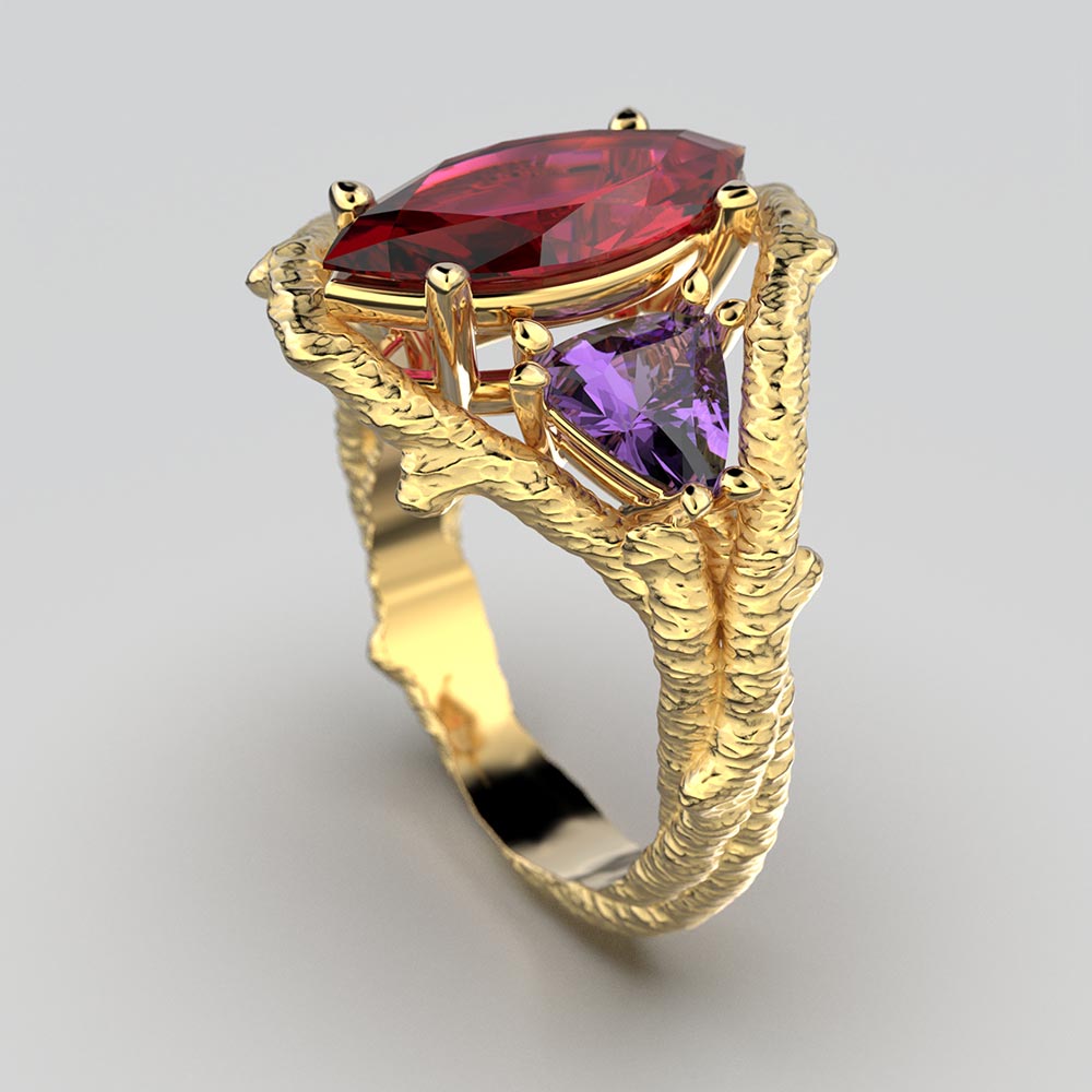 Rhodolite Garnet and Amethyst Solid gold ring
