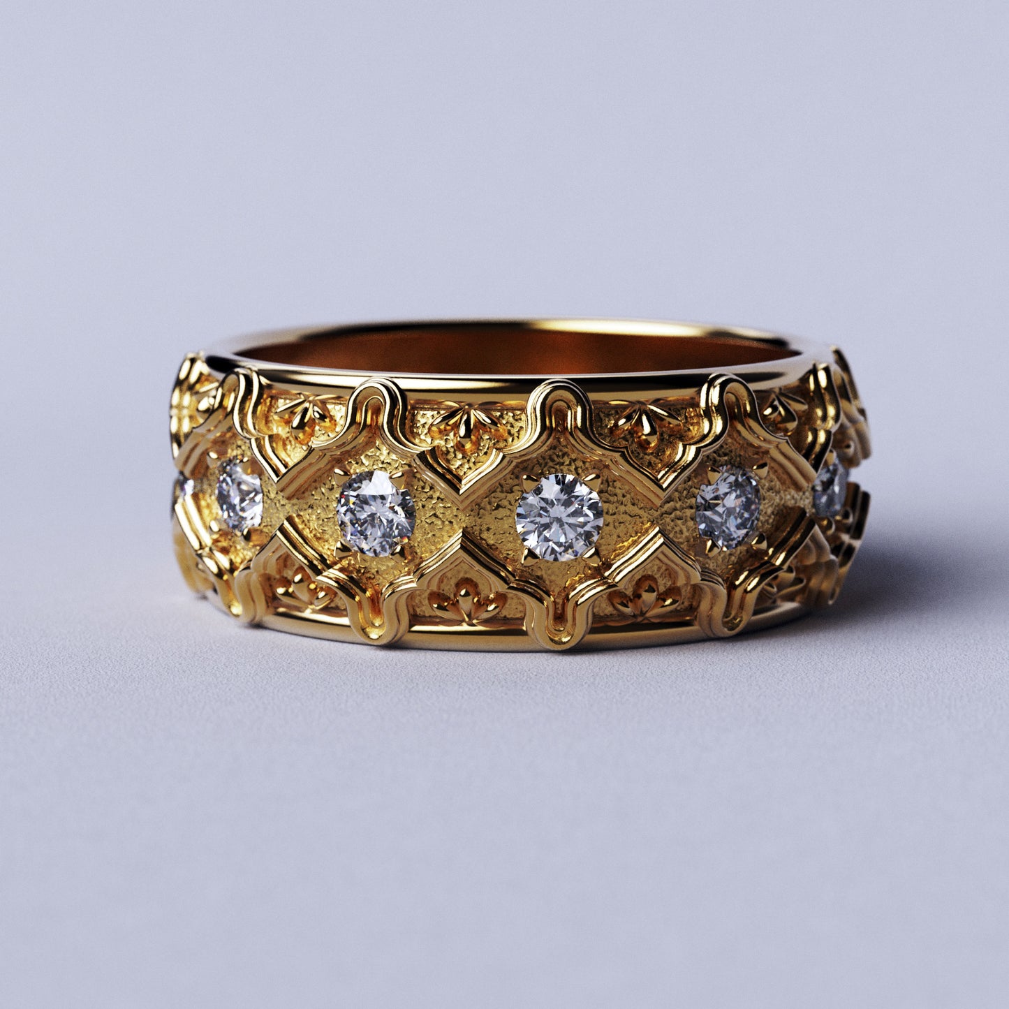 Solid gold wedding band with natural diamonds and intricate Venetian-style design, handcrafted in Italy by Oltremare Gioielli.