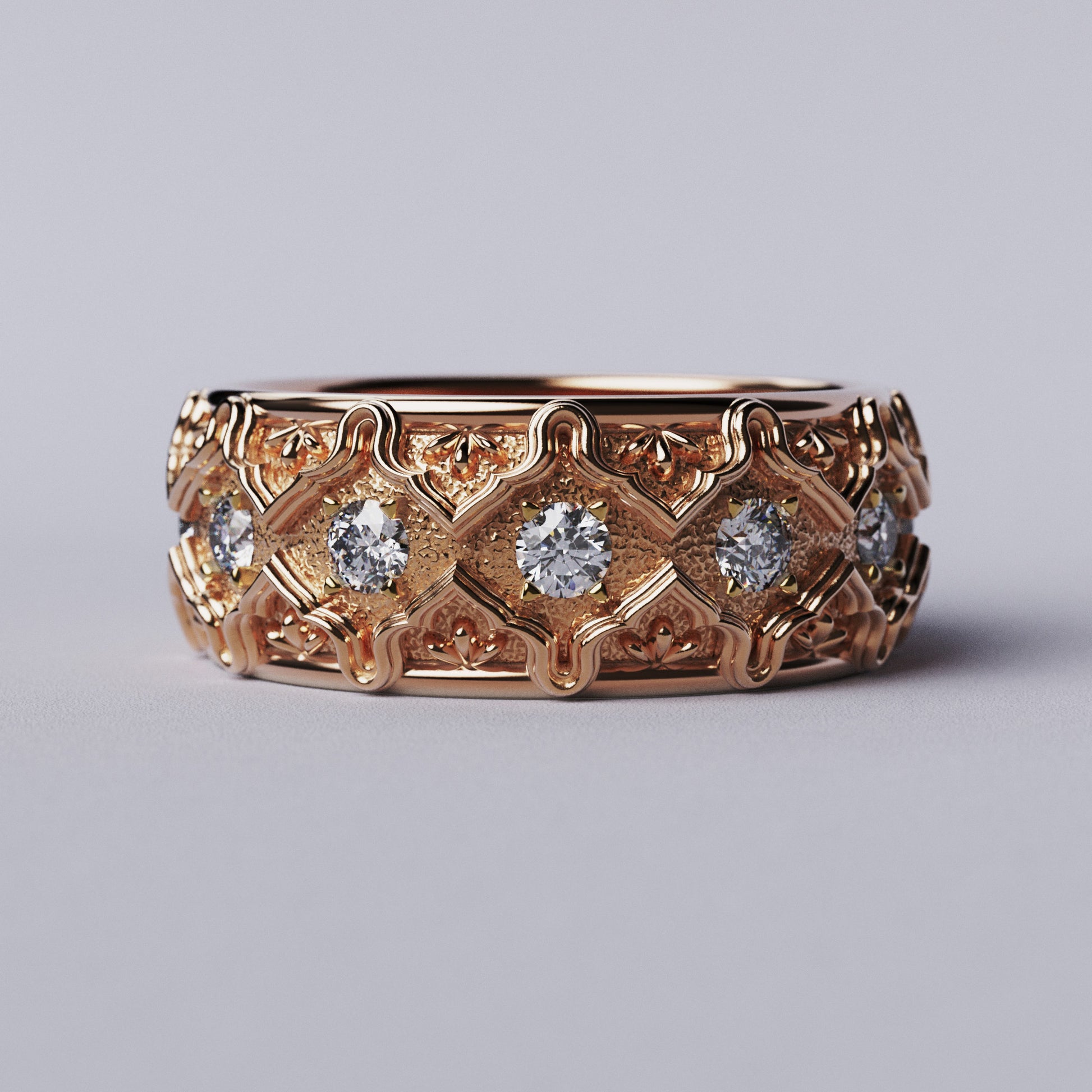 Solid gold wedding band with natural diamonds and intricate Venetian-style design, handcrafted in Italy by Oltremare Gioielli.