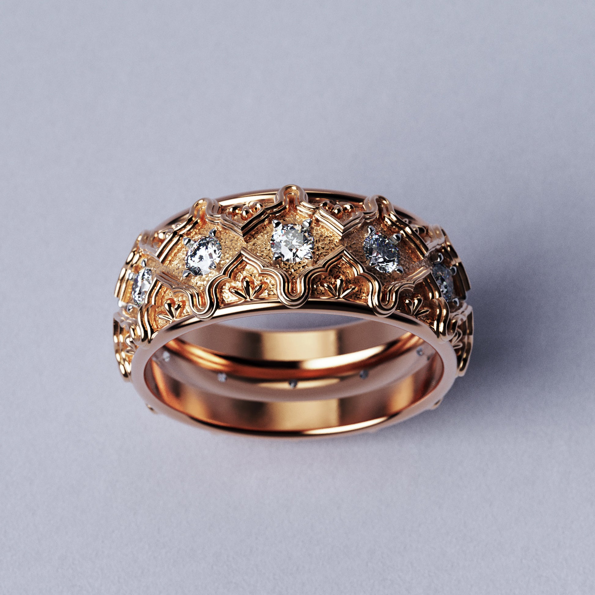 Solid gold wedding band with natural diamonds and intricate Venetian-style design, handcrafted in Italy by Oltremare Gioielli.