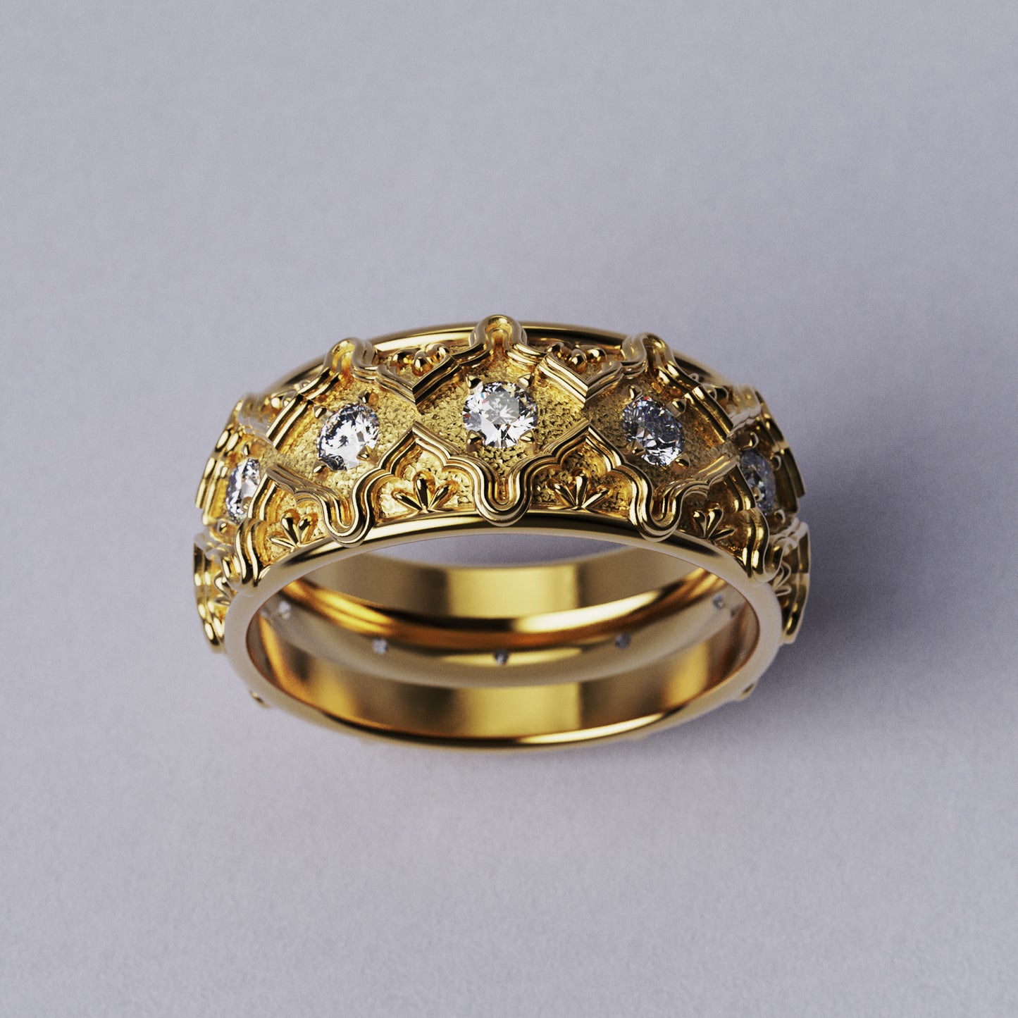 Solid gold wedding band with natural diamonds and intricate Venetian-style design, handcrafted in Italy by Oltremare Gioielli.