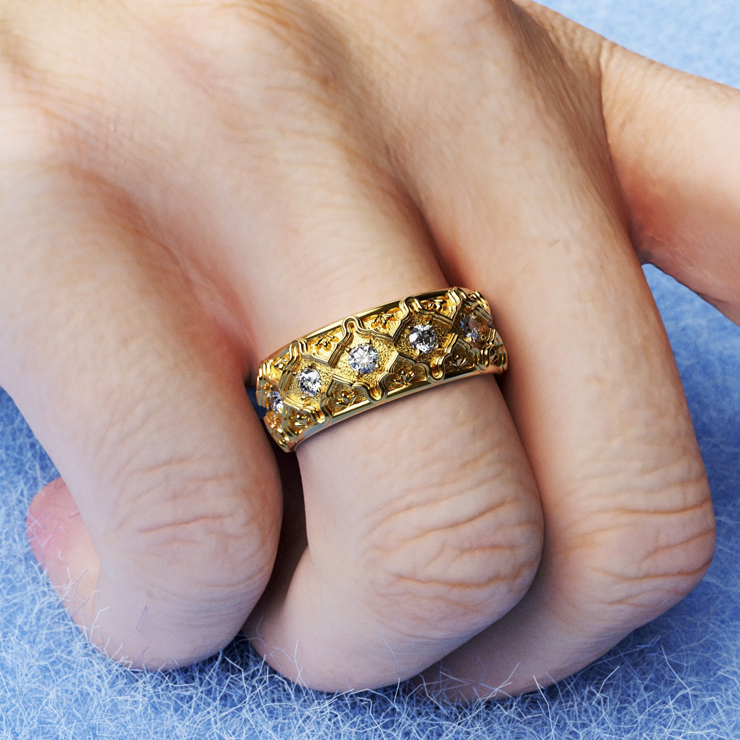 Solid gold wedding band with natural diamonds and intricate Venetian-style design, handcrafted in Italy by Oltremare Gioielli.