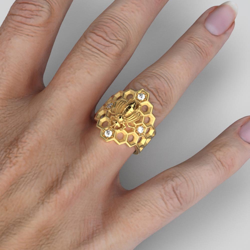 Honeycomb Bee Ring with natural Diamonds - Oltremare Gioielli