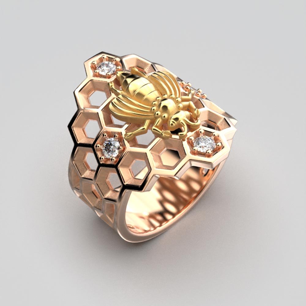 Honeycomb Bee Ring with natural Diamonds - Oltremare Gioielli