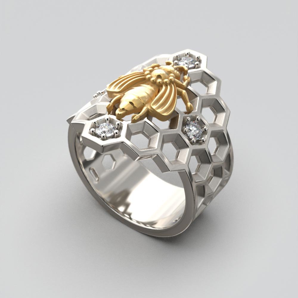 Honeycomb Bee Ring with natural Diamonds - Oltremare Gioielli