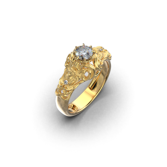 Renaissance style solid gold engagement ring with natural diamond Gia certified, 14k or 18k Gold  Gia certified 0.37 Cts central Diamond, G-VVS1 10mm wide on the top  Handmade in Italy  