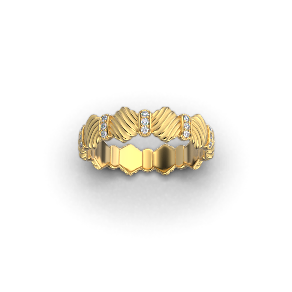 women's gold wedding band with diamonds, 14k or 18k gold Hexagonal elements with wavy stripe texture  5.5 mm wide 1.6 mm thick 0.15 ct G VS Natural diamonds  Available in yellow, white, or rose gold