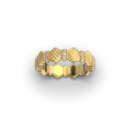 women's gold wedding band with diamonds, 14k or 18k gold Hexagonal elements with wavy stripe texture  5.5 mm wide 1.6 mm thick 0.15 ct G VS Natural diamonds  Available in yellow, white, or rose gold