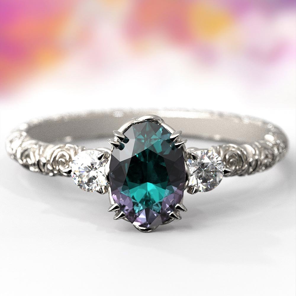 Alexandrite and Diamond Bridal Ring Set - Oltremare Gioielli